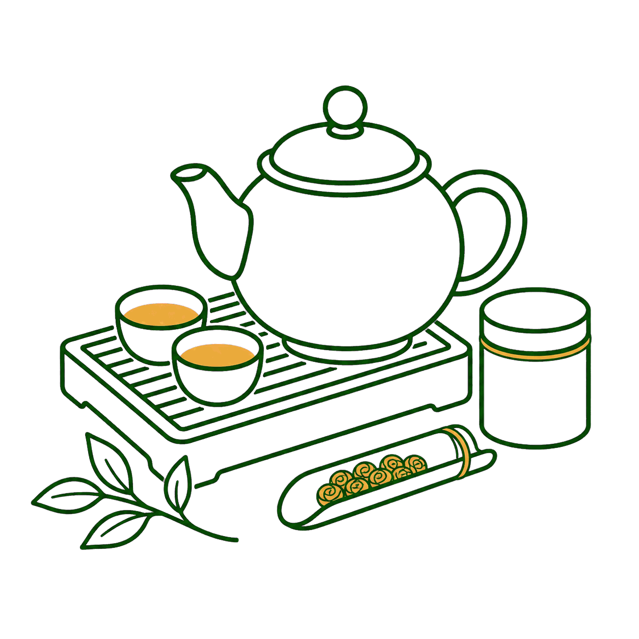茶席日常:茶壺與兩杯剛沏好的茶